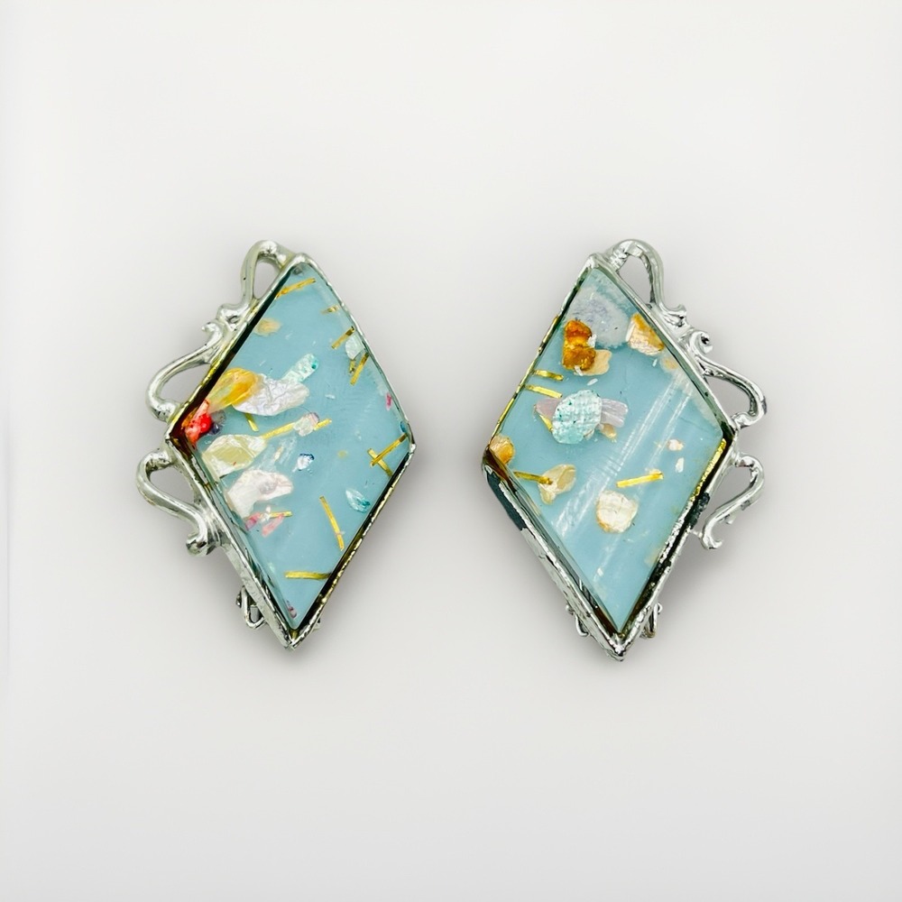 Vintage PAM Blue Confetti Lucite Earrings Clip On Signed Mid Century 1950s